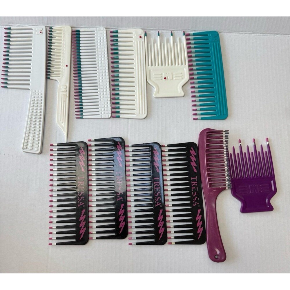 VTG Lot of 12 Mebco Tressa Double Dipped Lift Wide Toothed Detangling Pik Combs